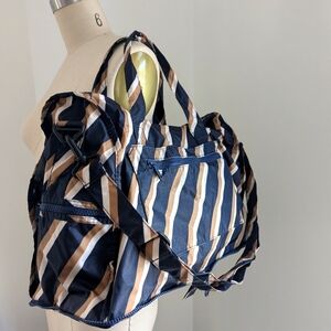 Hapi+Tas - Striped Navy and Tan Overnight Bag - packable nylon